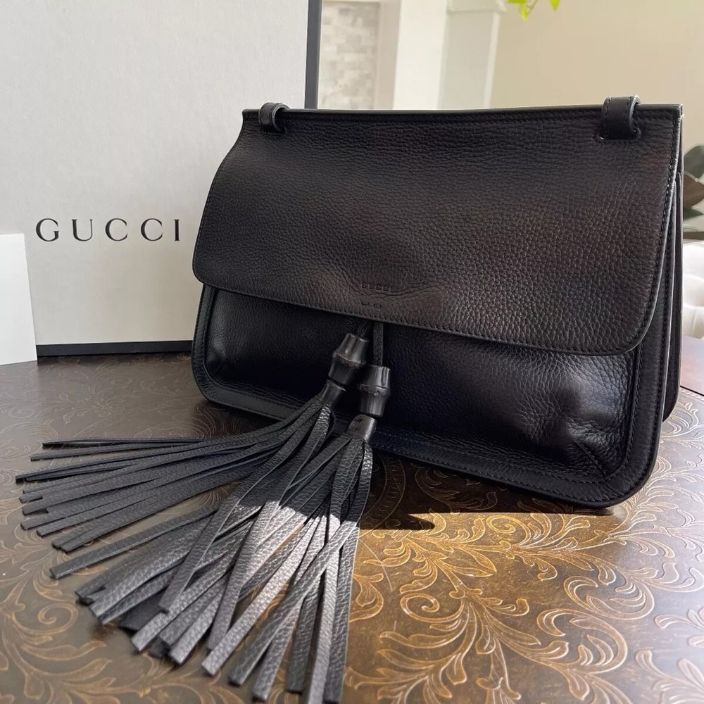 Gucci bag bamboo daily tassel flap shoulder black leather crossbody bag